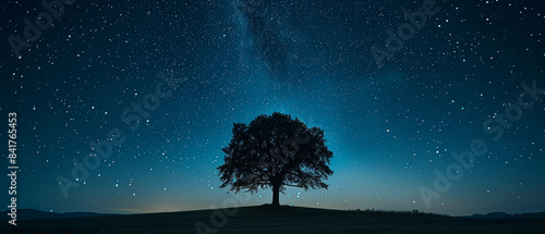 A lone tree on a hill, silhouetted by the starry night sky. with copy and space