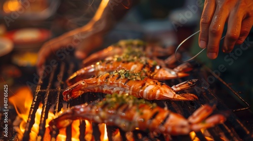 A chef grilling jumbo freshwater prawns on a barbecue grill, basting them with garlic butter for extra flavor. -