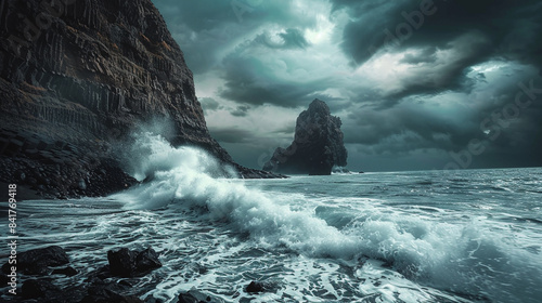 Madeira island nature beauty scenery. Sea landscape in stormy weather, amazing beach Ribeira da janela with huge rock formation in the north coast