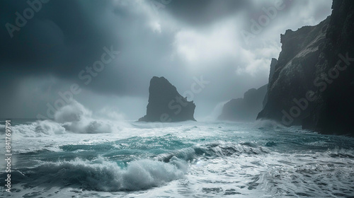 Madeira island nature beauty scenery. Sea landscape in stormy weather, amazing beach Ribeira da janela with huge rock formation in the north coast