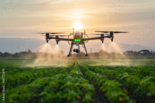 Modern technologies agriculture. industrial drone flies over green field sprays useful pesticides