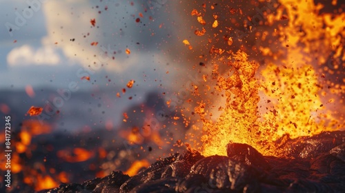 A close-up of a lava fountain during a volcanic eruption, with molten rock spraying high into the air.
