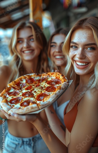 Three pals laughing, enjoying slices of pizza outdoors. Friends bonding, relishing pizza on the sidewalk