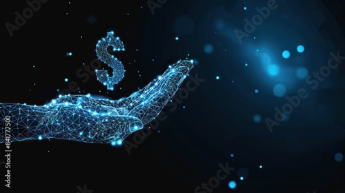 A hand holding a dollar sign in a dark blue background. The dollar sign is surrounded by a web of lines, giving it a futuristic and abstract appearance. Concept of modernity and technology