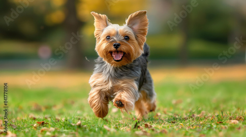 Um exuberante Yorkshire terrier corre pelo parque com disposição alegre e energia