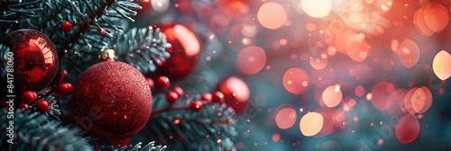 Red balls on the blue branches of a fir tree. In the background, sideways from the red lights, an empty space for text. An illustration for a Christmas banner, postcard or flyer.