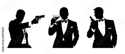 Silhouettes of elegant men in suits and with a bow tie with a gun in their hand on a white background. Bond themed illustration of a shooting man