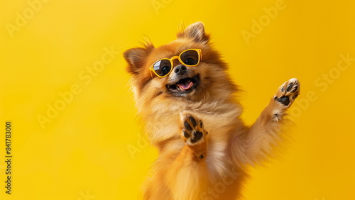 A playful spitz dances with glasses. The concept of a summer sale or pet store banner