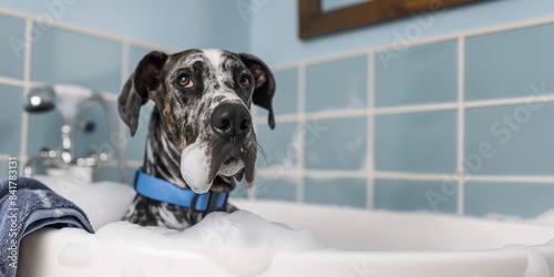 Dane dog showering with shampoo. Dog taking a bubble bath in home