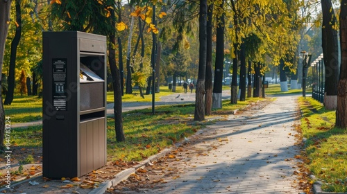 A modern waste bin with separate compartments for different types of waste, set in a public park with clear signage, highlighting user-friendly design and public awareness
