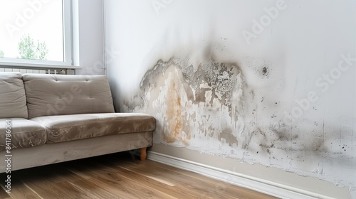 A white wall of a residential building affected by mold and mildew with a soft sofa standing next to it. High humidity. Copy space.