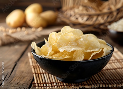 Rail chipped Chinese sum to frow body orn potato chips in a black bowl on a wooden table with a bamboo mat and potatoes behind it in the style of frow body