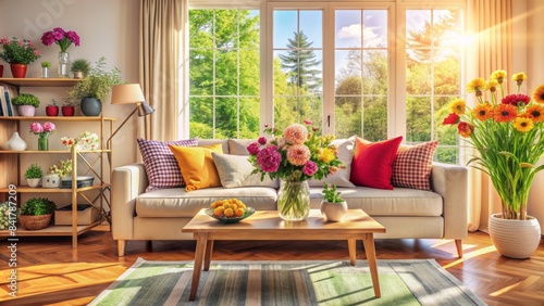 Cozy living room interior with a comfortable couch, vibrant flowers, and natural light, evoking feelings of relaxation and joyful home atmosphere.