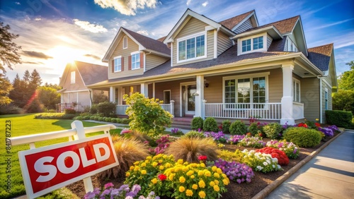 Sunny suburban home exterior with sold sign, welcoming porch, and blooming flowers, symbolizing newly acquired dream home and successful real estate investment.