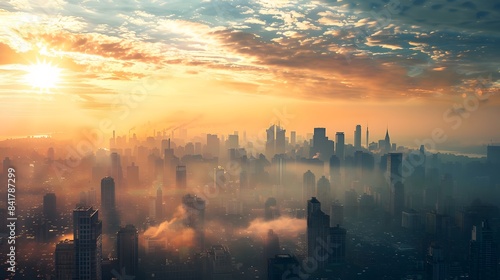 Breathtaking sunrise over a bustling metropolitan skyline, with electric hues painting the sky and a blanket of mist covering the city.