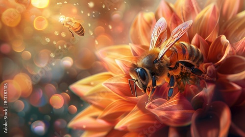 A detailed shot of a honeybee collecting nectar from a vibrant flower, highlighting the beauty of pollination.
