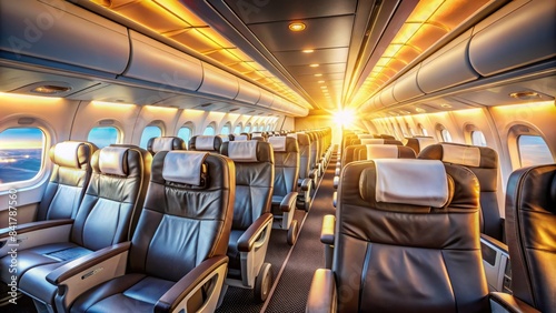 Inside airplane cabin, empty seats and overhead compartments, with sunny window view, conveying a sense of excitement and adventure before takeoff.
