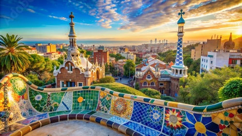 Vibrant mosaic benches and whimsical architecture of park guell in barcelona, spain, create a stunning backdrop for a dreamy summer vacation getaway.