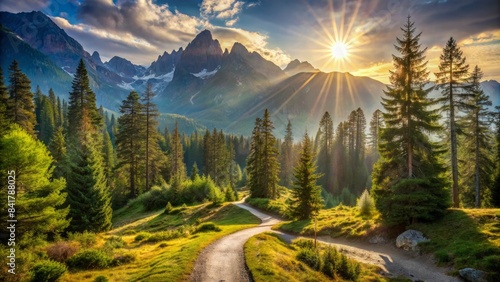 Majestic mountain landscape with a winding forest pathway, sunlight casting through trees, symbolizing triumph, accomplishment, and freedom in a serene natural environment.