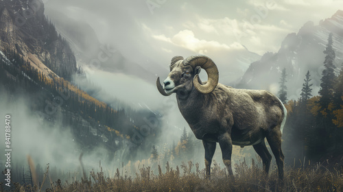 Majestic mountain sheep stands proudly against a misty, mountainous backdrop, exuding strength and tranquility.