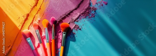 Cosmetic makeup brushes lying on a multi-colored mascara makeup surface. Copy space.
