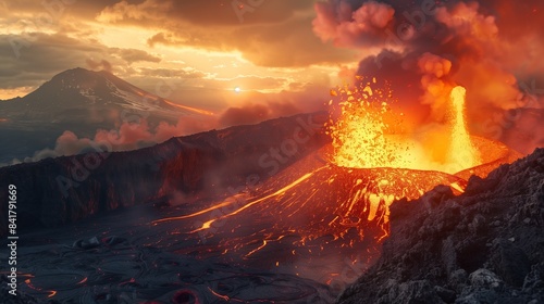 A volcanic eruption nearby, hot lava pours out with splashes from the center of the volcano and flows down.