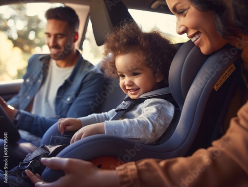 A smiling child in a car seat, with two adults in the front seats, enjoying a car ride together.