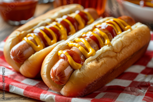 Two delicious hot dogs with mustard and ketchup resting on a red checkered napkin