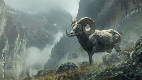 Proud and resolute mountain sheep navigates a rugged terrain surrounded by fog and towering cliffs.