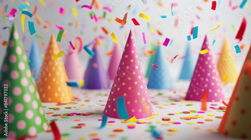 A joyful birthday celebration backdrop showcasing a variety of colorful party hats and confetti, arranged on a clean background for a festive atmosphere.