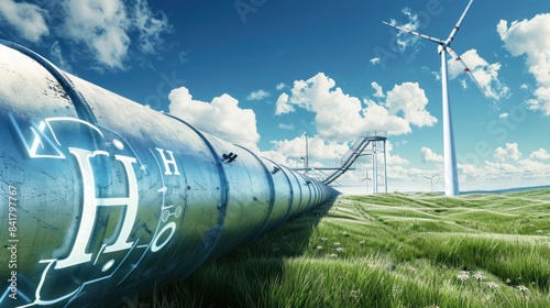 A hydrogen pipeline illustrating the transformation of the energy sector towards to ecology, carbon neutral, secure and independent energy sources to replace natural gas.