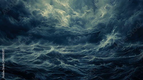 a dramatic and moody representation of a stormy sea, with dark, ominous clouds looming over the water
