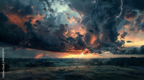 a dramatic scene of a stormy sky with dark clouds and lightning bolts, set against the backdrop of a rural landscape during sunrise or sunset