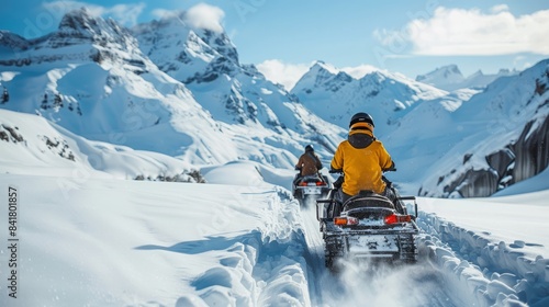 Winter adventure with two friends enjoying a snowmobile ride on a mountain