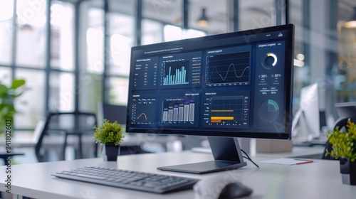 A smart waste management dashboard displaying real-time data and analytics, set in a clean, minimalist office environment, emphasizing technological integration and monitoring. 