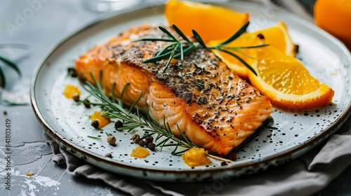 gourmet plating of roasted salmon with orange and rosemary minimalist fine dining presentation food photography