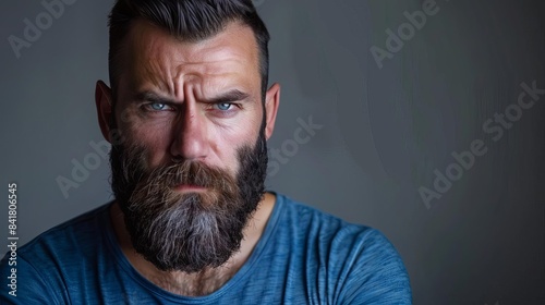 intense portrait of handsome bearded man in blue tshirt serious expression studio photography with copy space