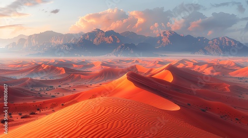A vast and desolate desert landscape with rolling sand dunes and a distant mountain range. The sky is clear and the sun is rising, casting a warm glow over the scene.