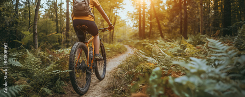Woman cycling on a serene forest path