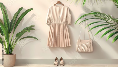Flat design summer fashion with crop blouse, pleated skirt, and flat mules