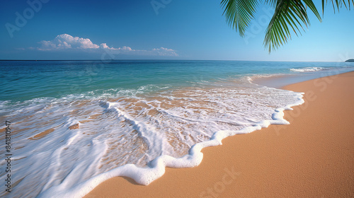 sandy beach with gentle waves lapping at the shore. The azure waters of the ocean stretch out to meet a clear blue sky. In the foreground, the sand is meticulously detailed, revealing patterns formed