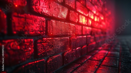 A subdued photograph capturing a red brick wall with accentuated lighting effects.