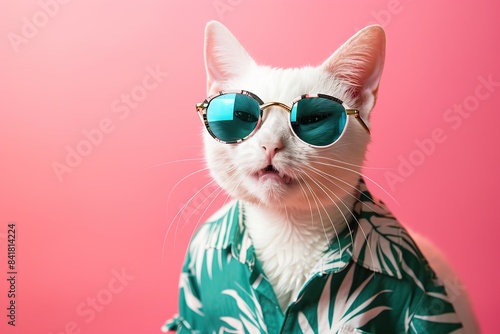 Cute white cat in sunglasses on a pink color studio background, closeup. Space for text. Cat with glasses. Cool cat in summer hawaiian cloth. Travel with pet. Summertime Sale, advertisement, discount