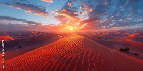 A dramatic desert landscape at sunset, with sand dunes, vibrant orange skies, and a lonely horizon.