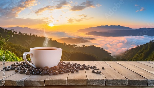 "Rich Aroma: Coffee Beans Resting on Wooden Surface - Food Photography"