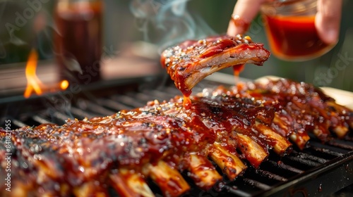 A person marinating pork ribs in a flavorful sauce, preparing them for a delicious BBQ cookout.