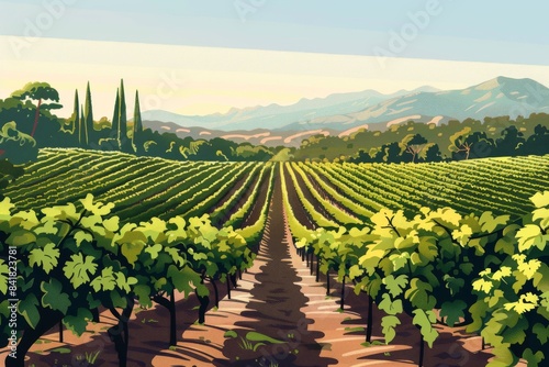A picturesque vineyard with rows of grapevines stretching into the horizon, basking in the warm sunlight. 