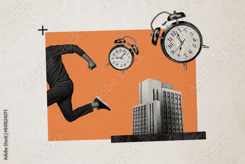 Composite photo collage of man run alarm clock deadline punctuality late office building business deal isolated on painted background