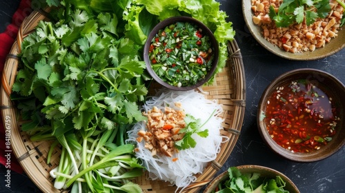 A plate of mieng kham wraps served with a side of fresh herbs, lettuce leaves, and dipping sauce for added flavor.