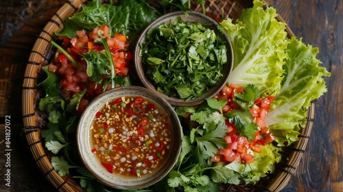 A plate of mieng kham wraps served with a side of fresh herbs, lettuce leaves, and dipping sauce for added flavor.